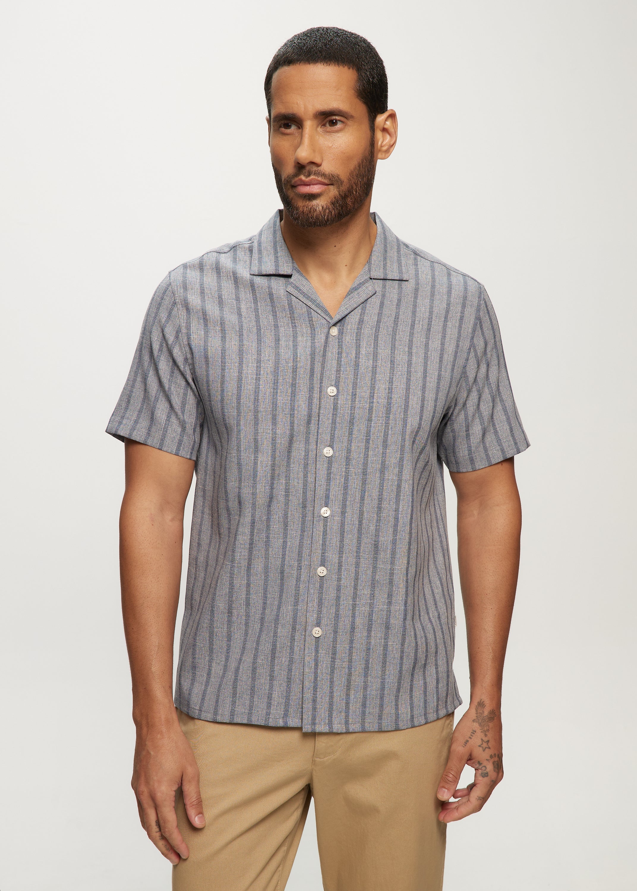 SS Soft Touch Stripe Dobby Camp Shirt in Navy