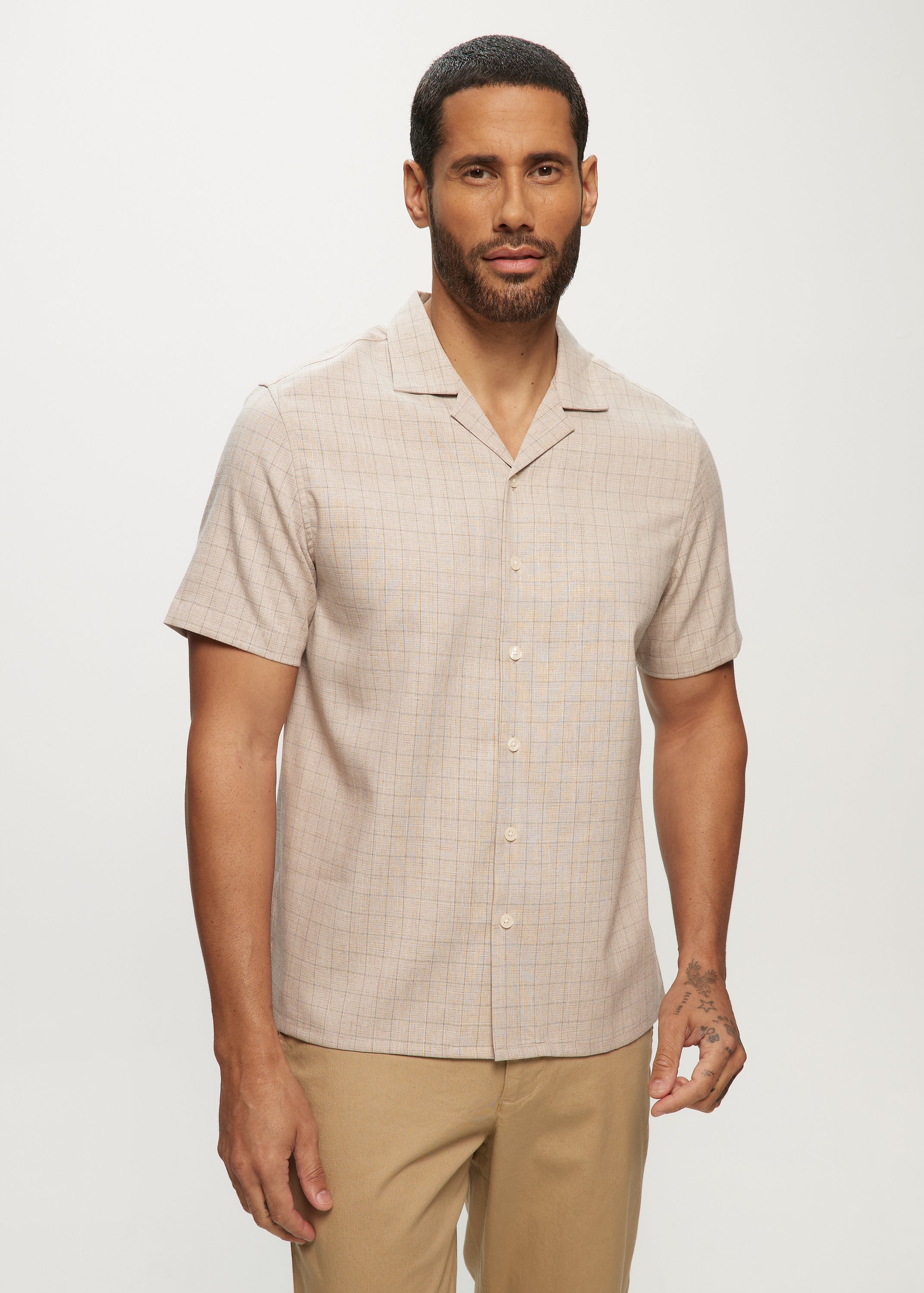 SS SoftTouch Heathered Check Camp Shirt in Latte
