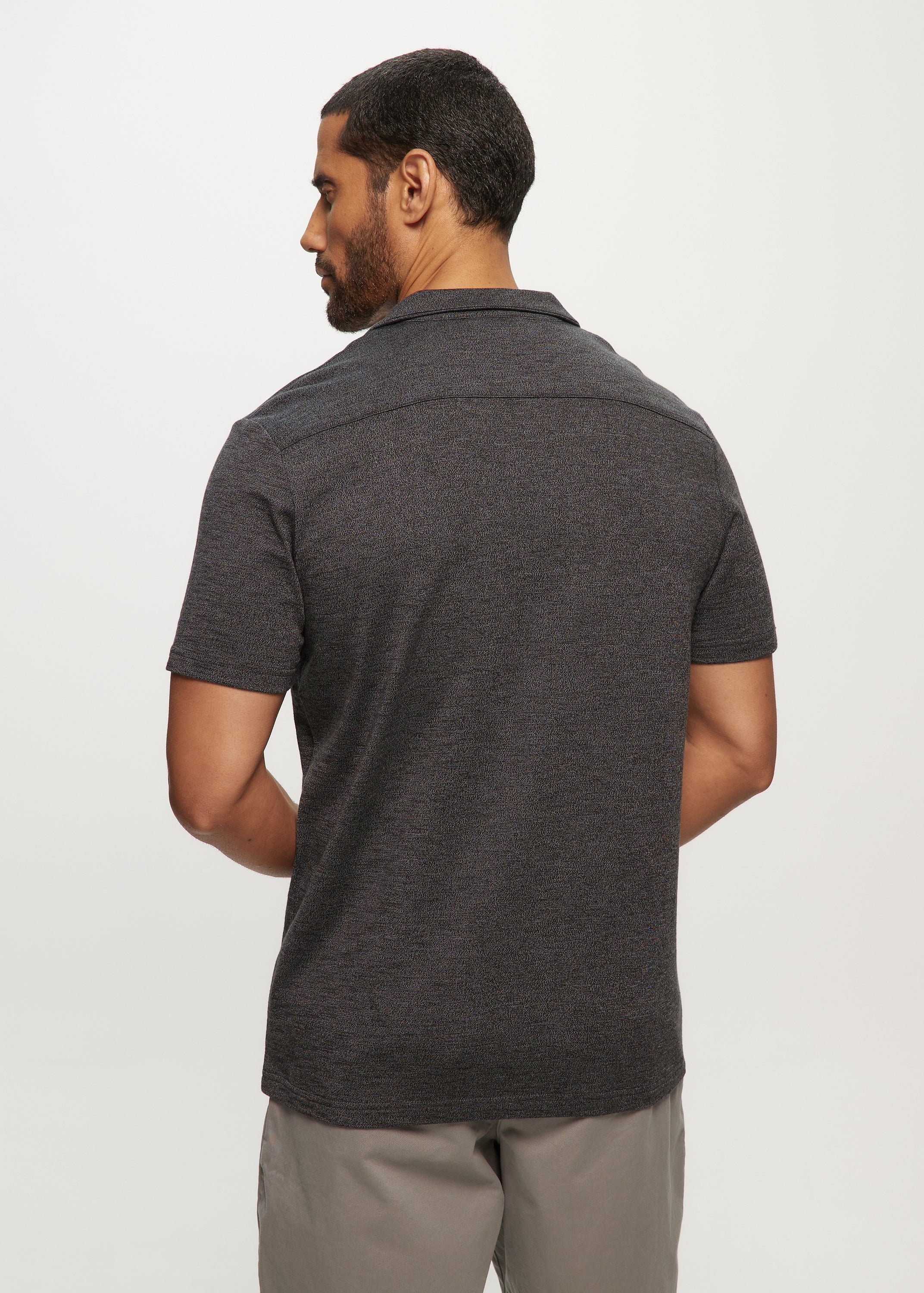 SS Sweaterknit Camp Collared Polo Top in Charcoal Mix