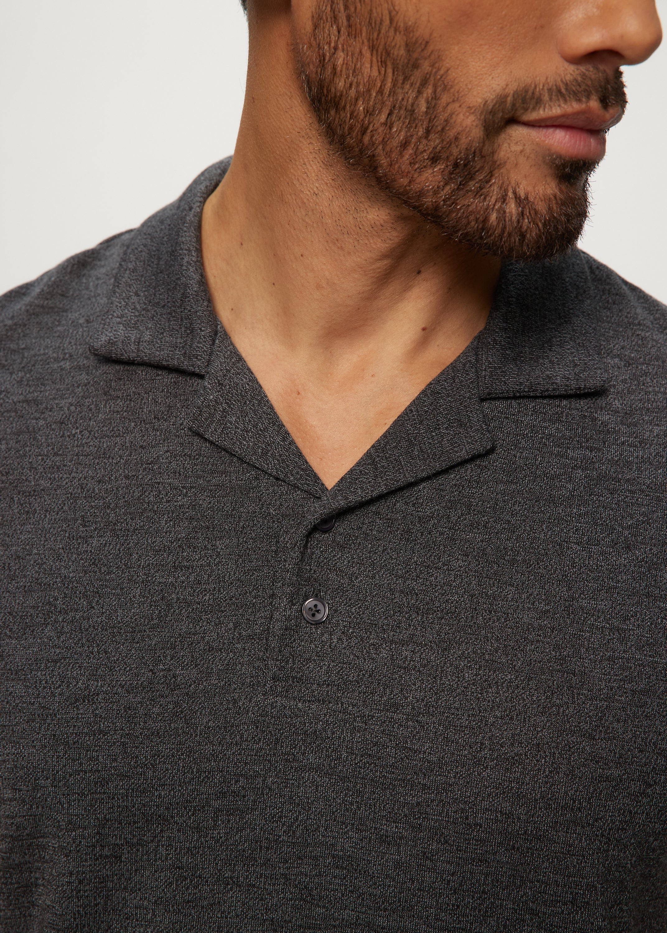 SS Sweaterknit Camp Collared Polo Top in Charcoal Mix